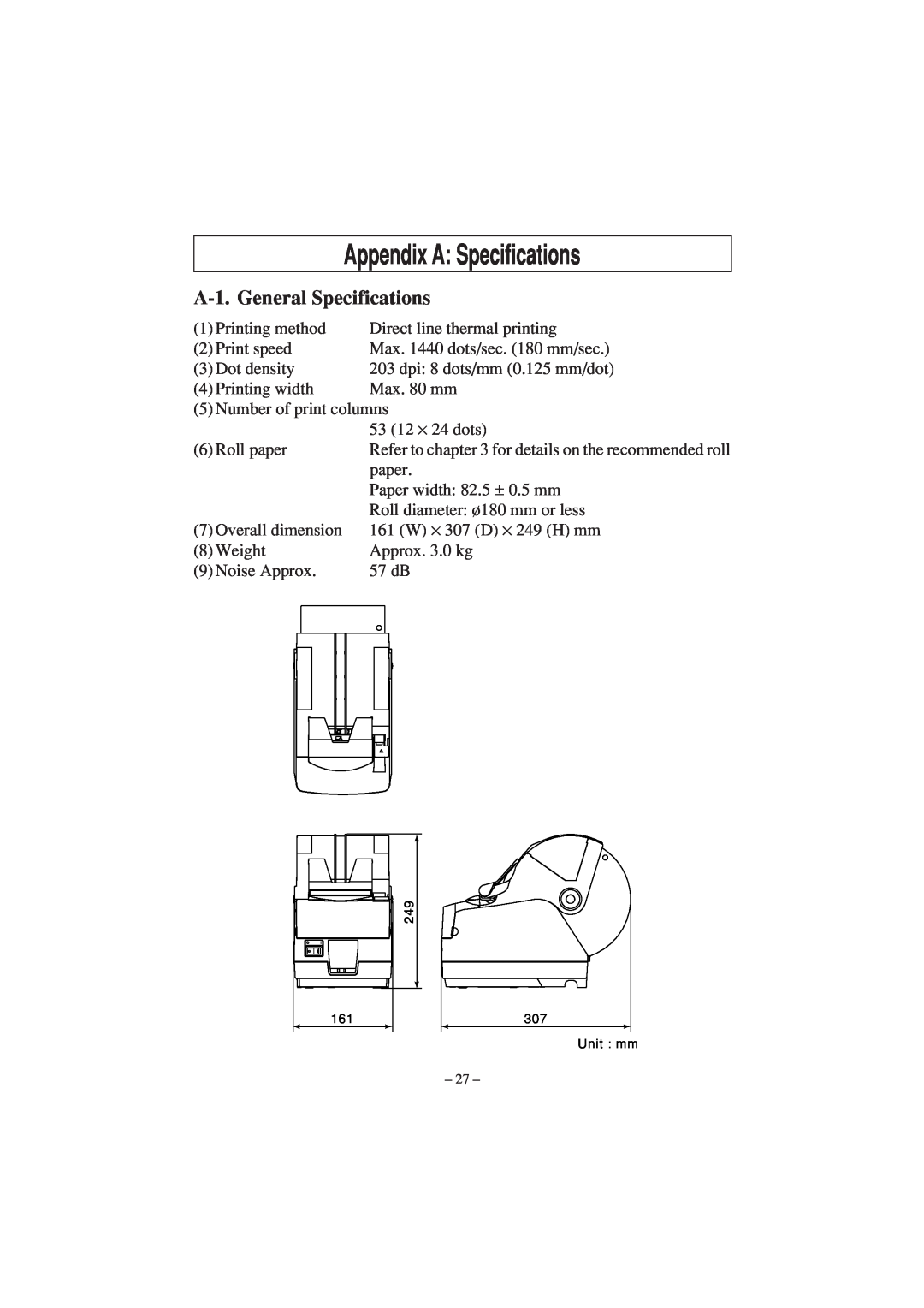 Star Micronics TSP1000 user manual Appendix A Specifications, A-1. General Specifications 