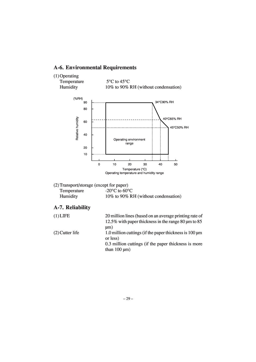 Star Micronics TSP1000 user manual A-6. Environmental Requirements, A-7. Reliability 