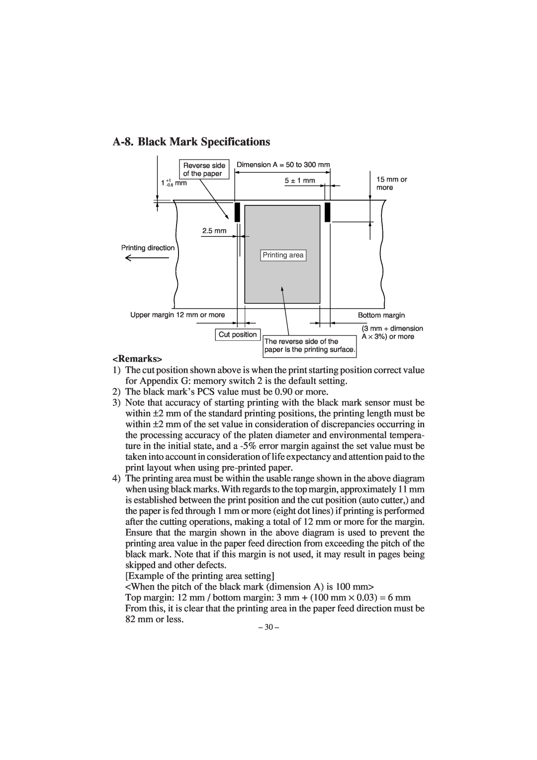 Star Micronics TSP1000 user manual A-8. Black Mark Specifications, Remarks 