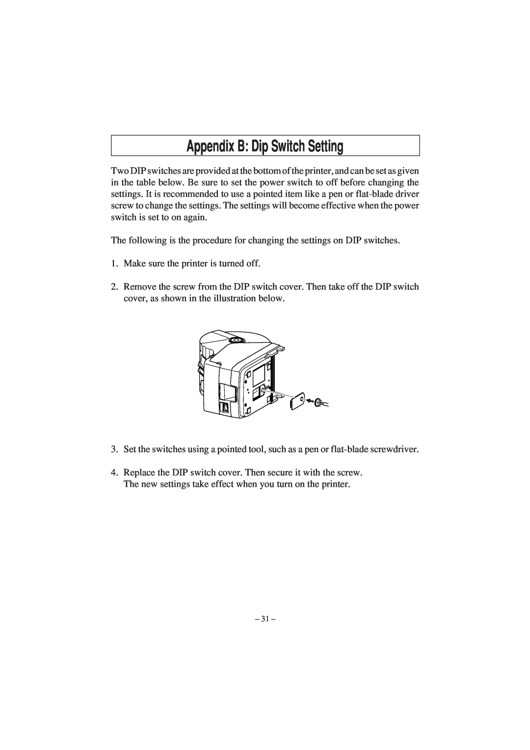 Star Micronics TSP1000 user manual Appendix B Dip Switch Setting 