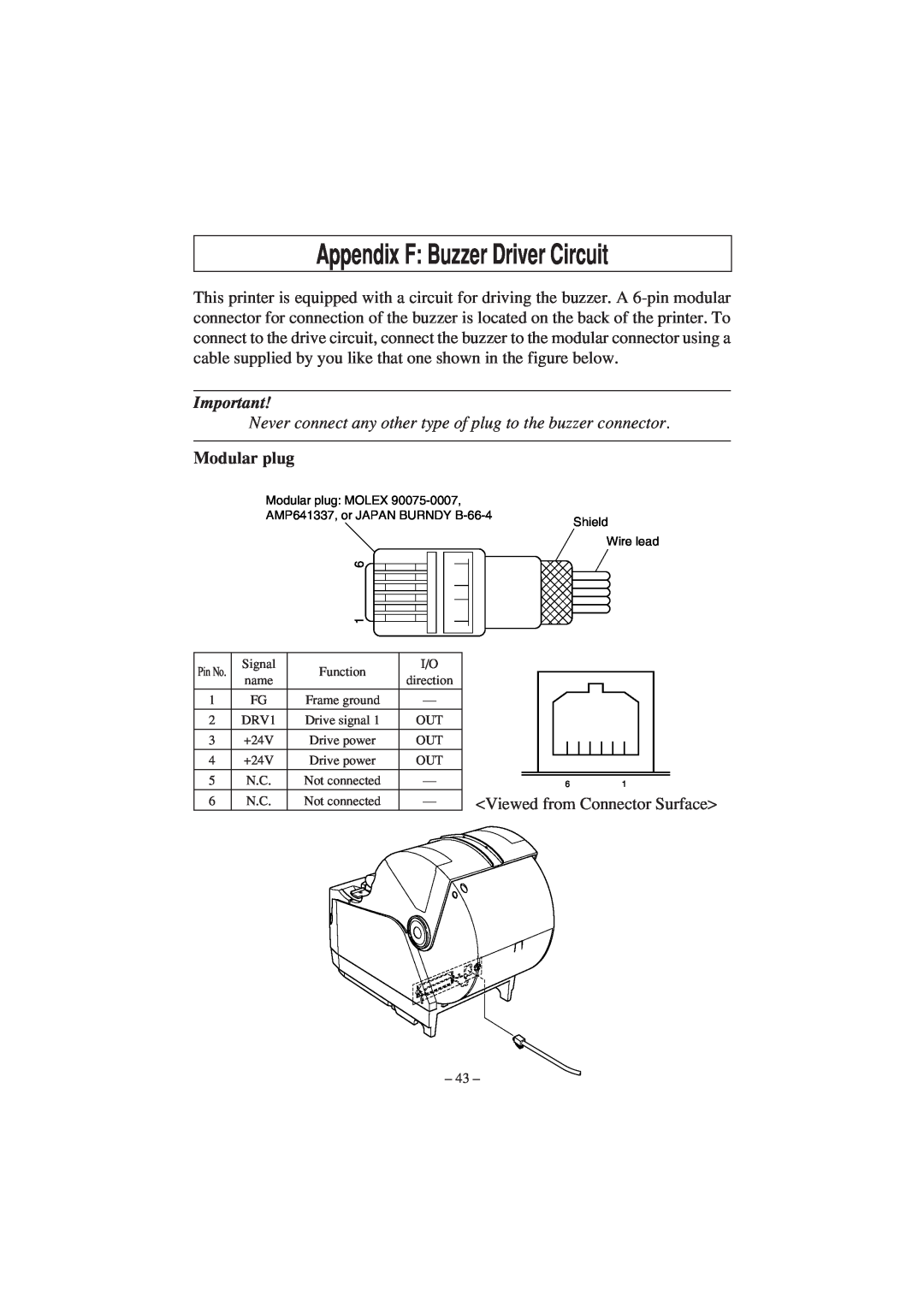 Star Micronics TSP1000 user manual Appendix F Buzzer Driver Circuit, Modular plug 
