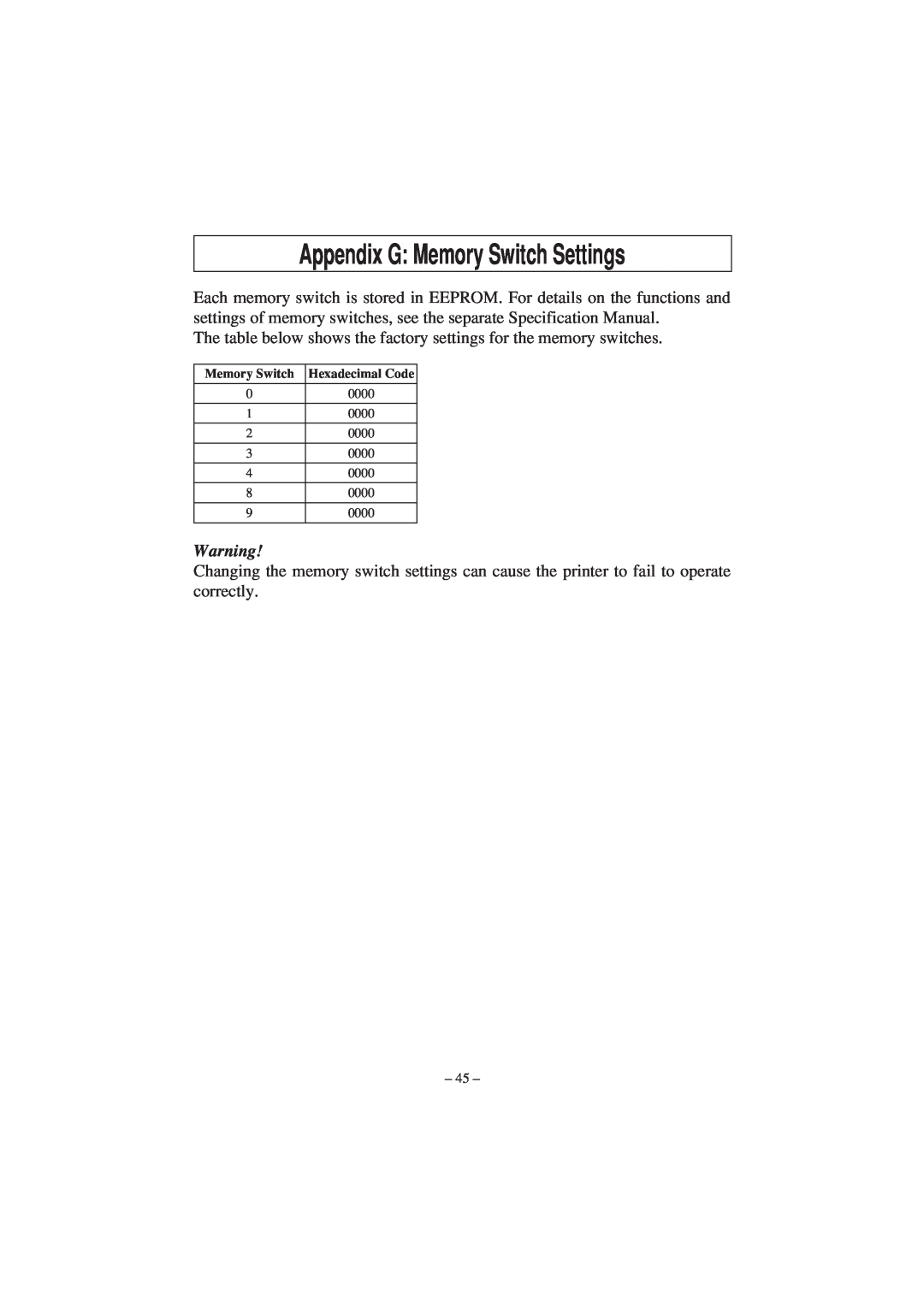 Star Micronics TSP1000 user manual Appendix G Memory Switch Settings 