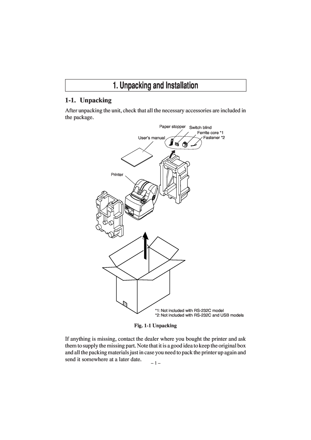 Star Micronics TSP1000 user manual Unpacking and Installation 