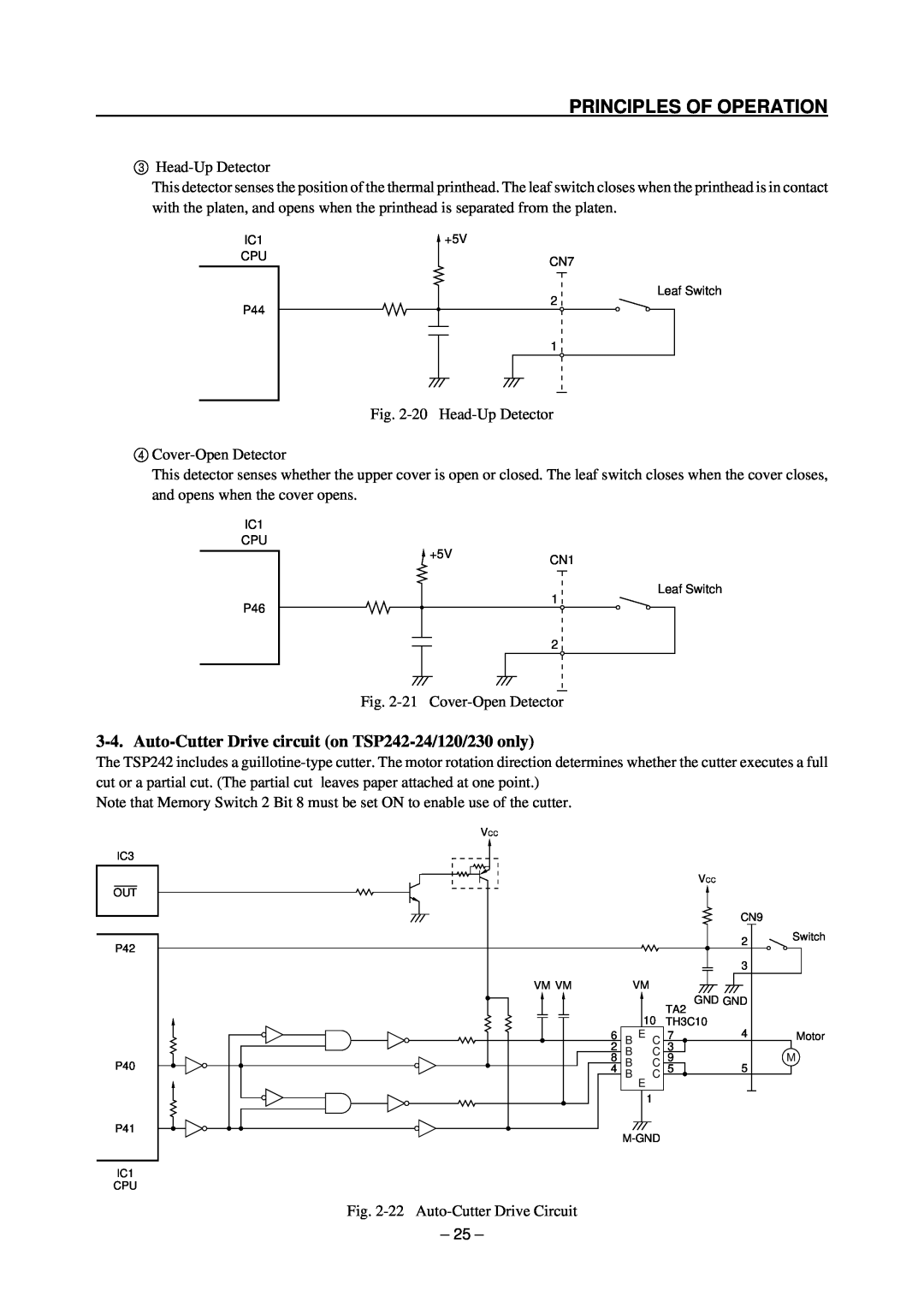 Star Micronics TSP200 technical manual Auto-Cutter Drive circuit on TSP242-24/120/230 only, Principles Of Operation 