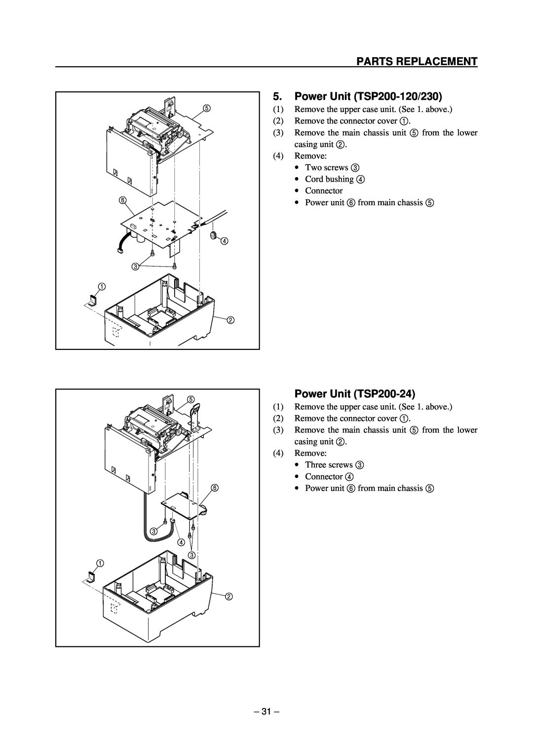 Star Micronics technical manual Power Unit TSP200-120/230, Power Unit TSP200-24, Parts Replacement 
