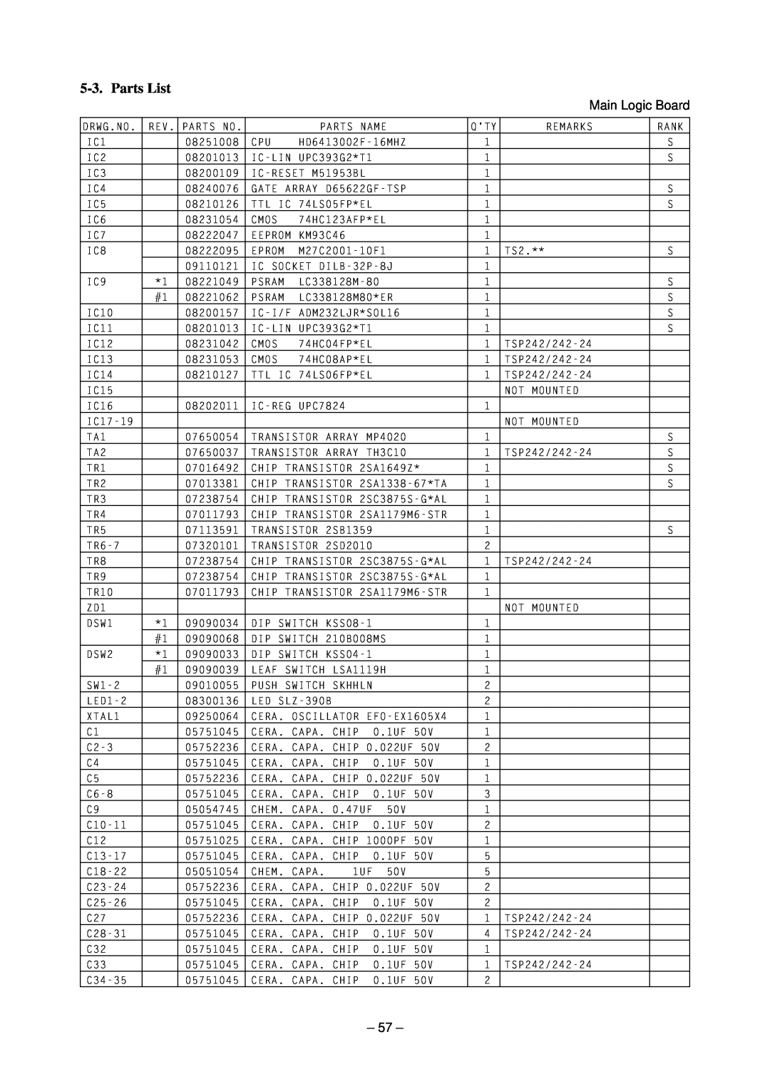 Star Micronics TSP200 technical manual Parts List, Main Logic Board 