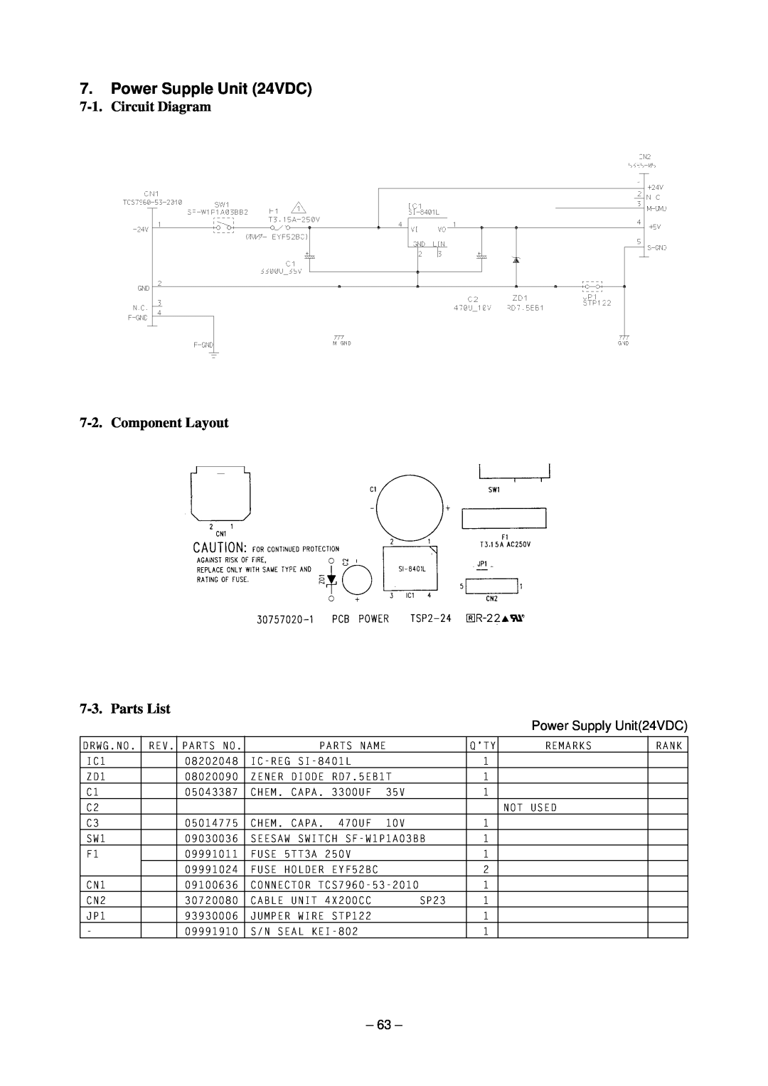 Star Micronics TSP200 technical manual Power Supple Unit 24VDC, Circuit Diagram 7-2. Component Layout 7-3. Parts List 