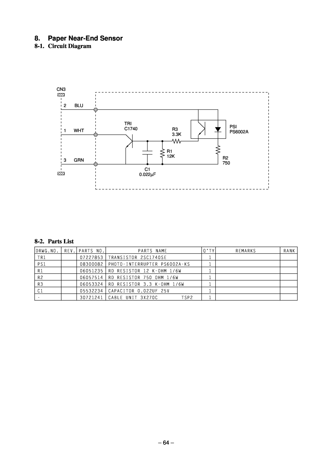 Star Micronics TSP200 technical manual Paper Near-End Sensor, Circuit Diagram, Parts List 