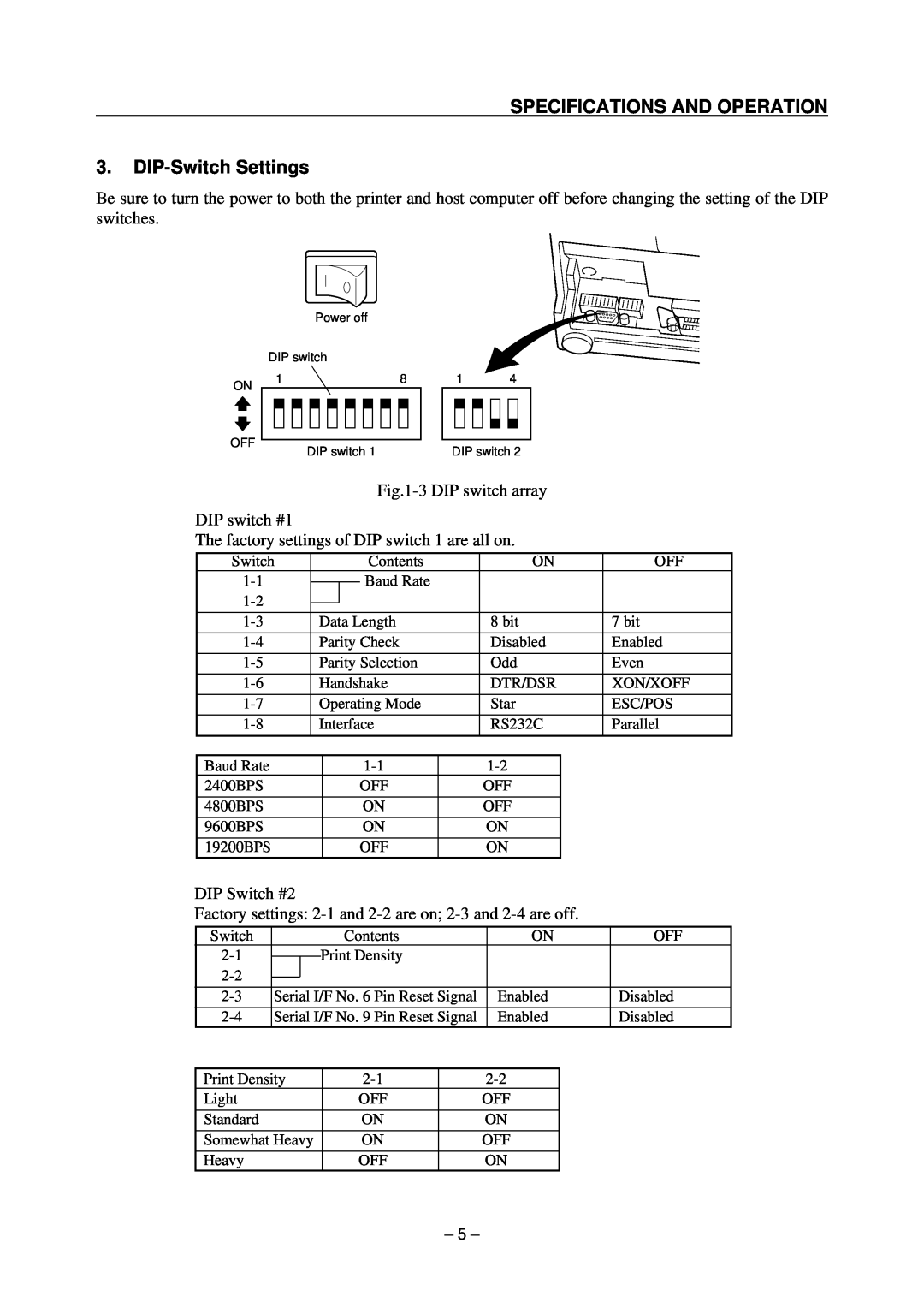 Star Micronics TSP200 technical manual SPECIFICATIONS AND OPERATION 3. DIP-Switch Settings, DIP switch #1, DIP Switch #2 