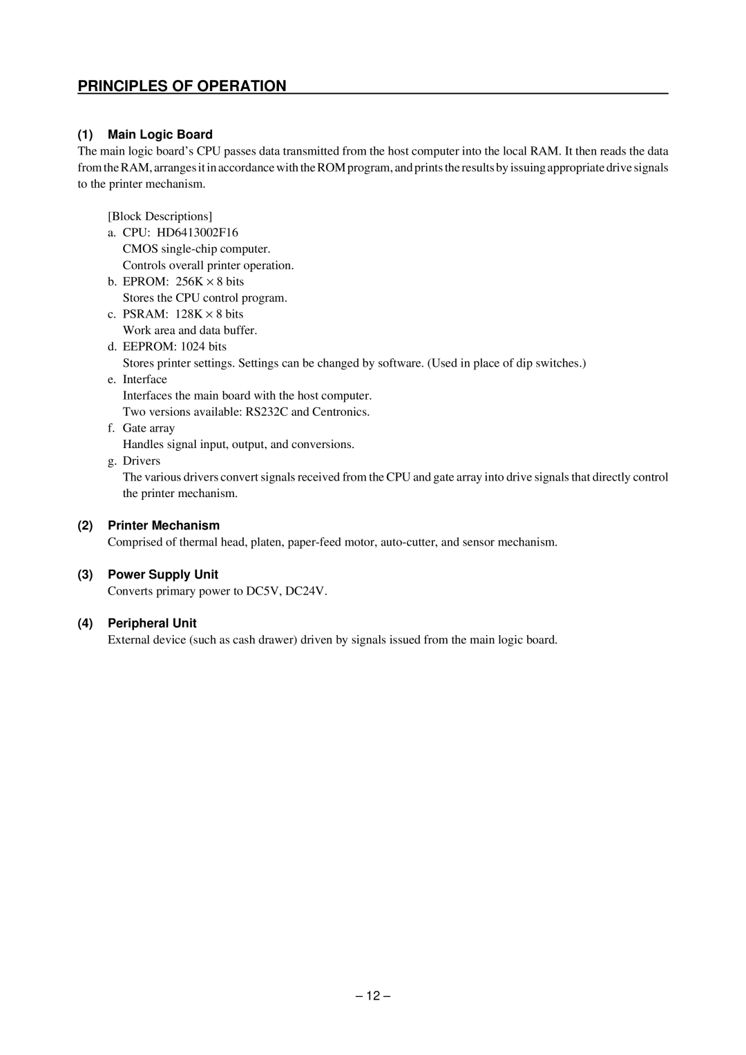 Star Micronics TSP200 technical manual Printer Mechanism 