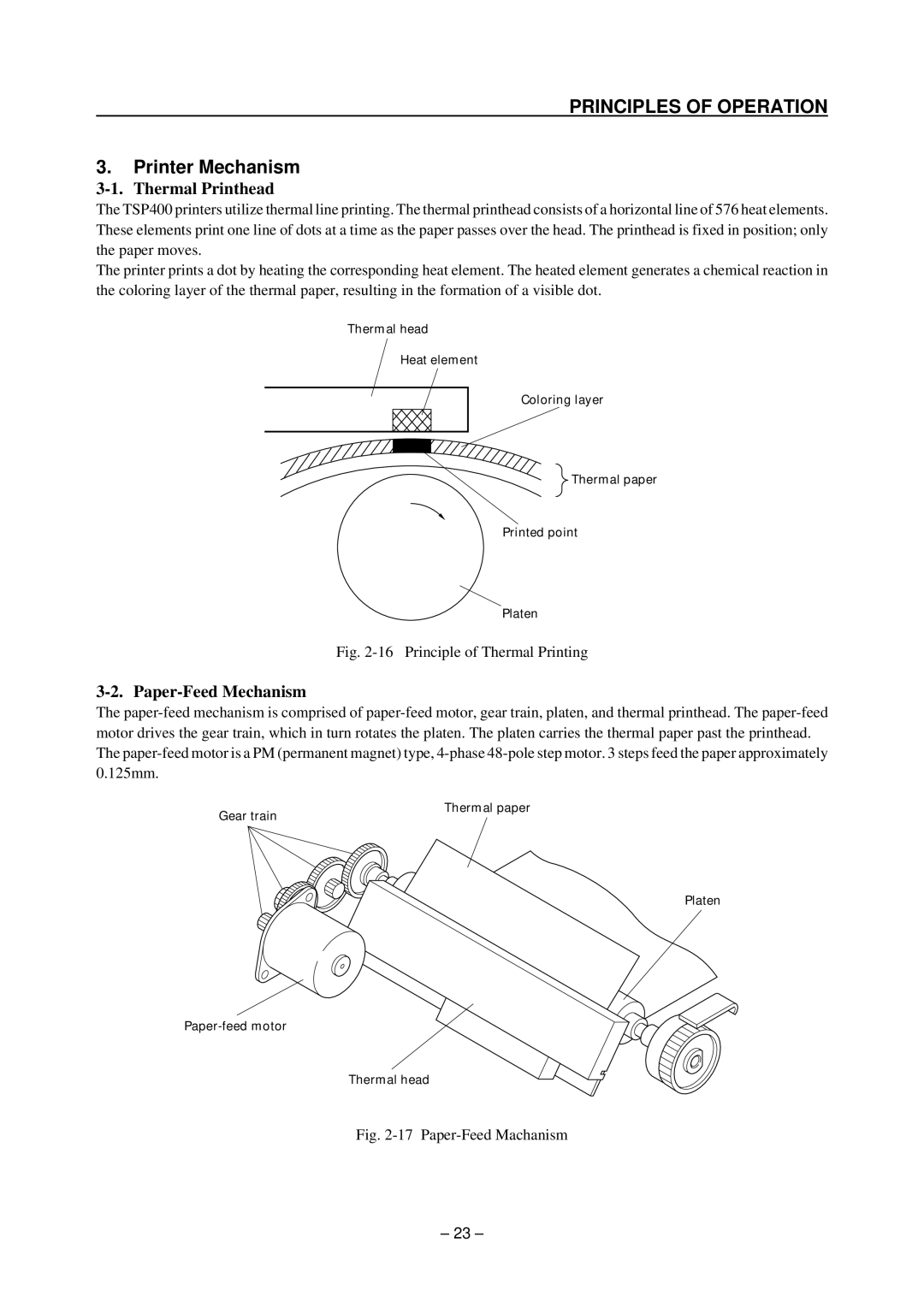 Star Micronics TSP200 technical manual Printer Mechanism, Thermal Printhead, Paper-Feed Mechanism 