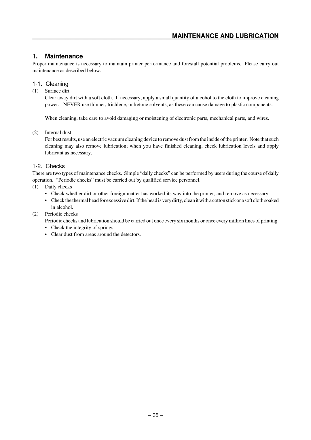 Star Micronics TSP200 technical manual Maintenance, Cleaning, Checks 