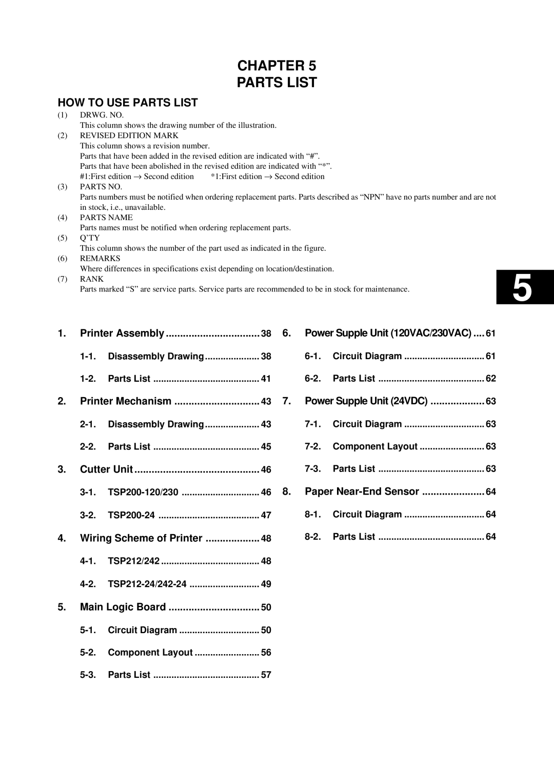 Star Micronics TSP200 technical manual Chapter Parts List 