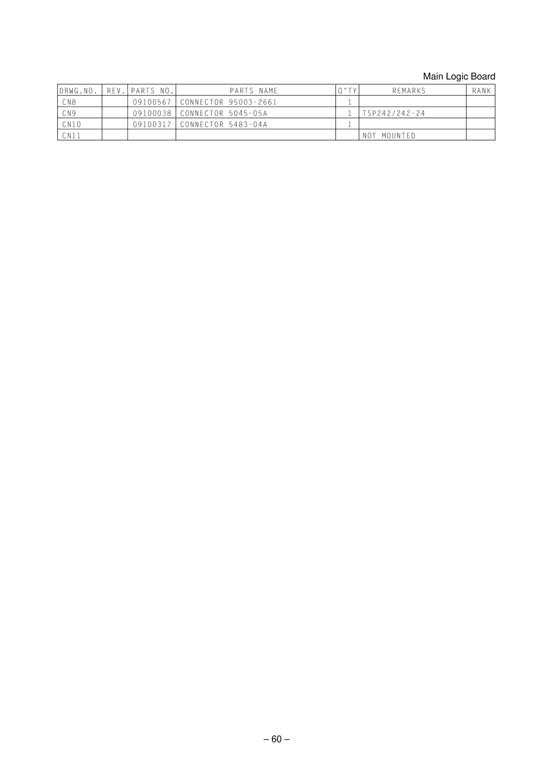 Star Micronics TSP200 technical manual DRWG.NO REV Parts no Parts Name ’TY Remarks Rank CN8 