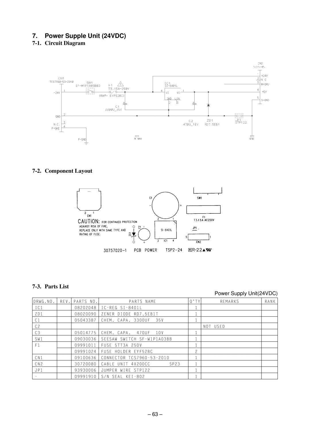 Star Micronics TSP200 technical manual Power Supple Unit 24VDC, Circuit Diagram Component Layout Parts List 