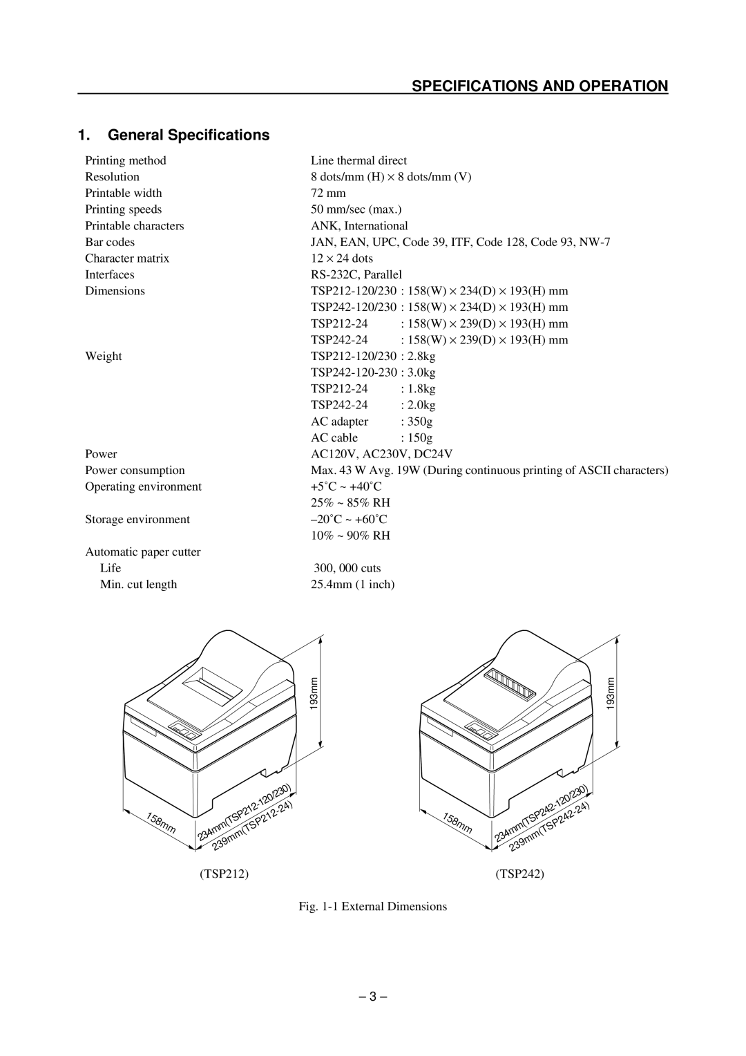 Star Micronics TSP200 technical manual Specifications and Operation, General Specifications 