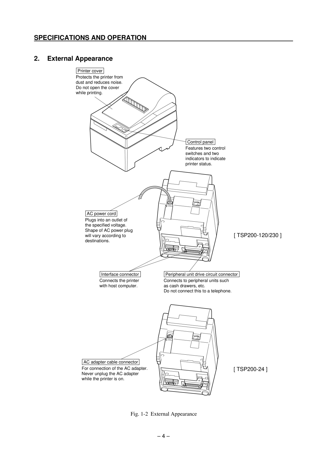 Star Micronics technical manual External Appearance, TSP200-120/230 