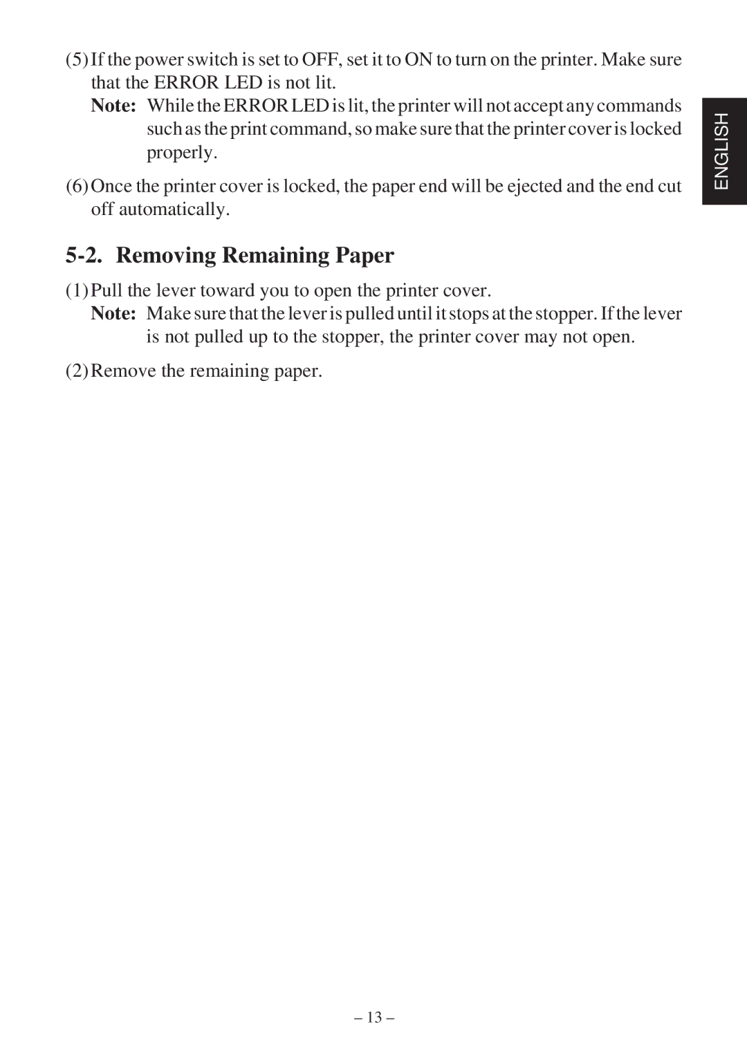 Star Micronics TSP2000 Series user manual Removing Remaining Paper 