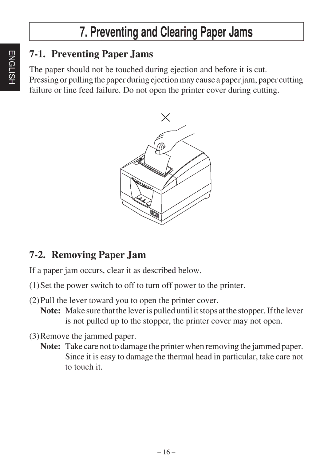 Star Micronics TSP2000 Series user manual Preventing and Clearing Paper Jams, Preventing Paper Jams, Removing Paper Jam 