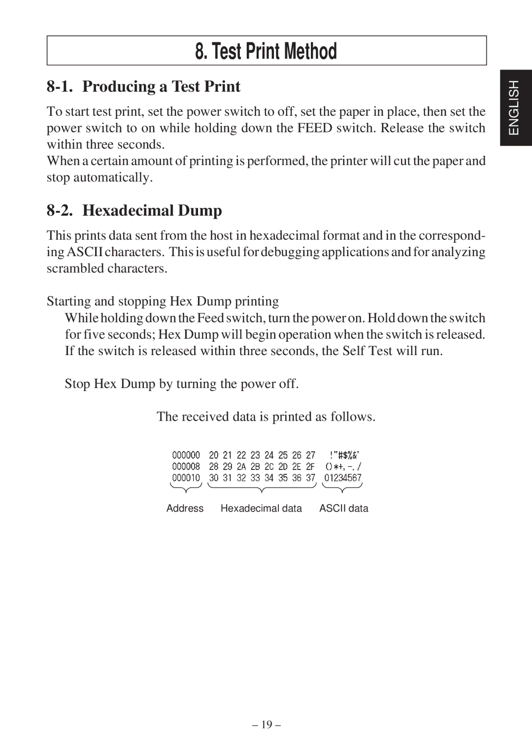 Star Micronics TSP2000 Series user manual Test Print Method, Producing a Test Print, Hexadecimal Dump 