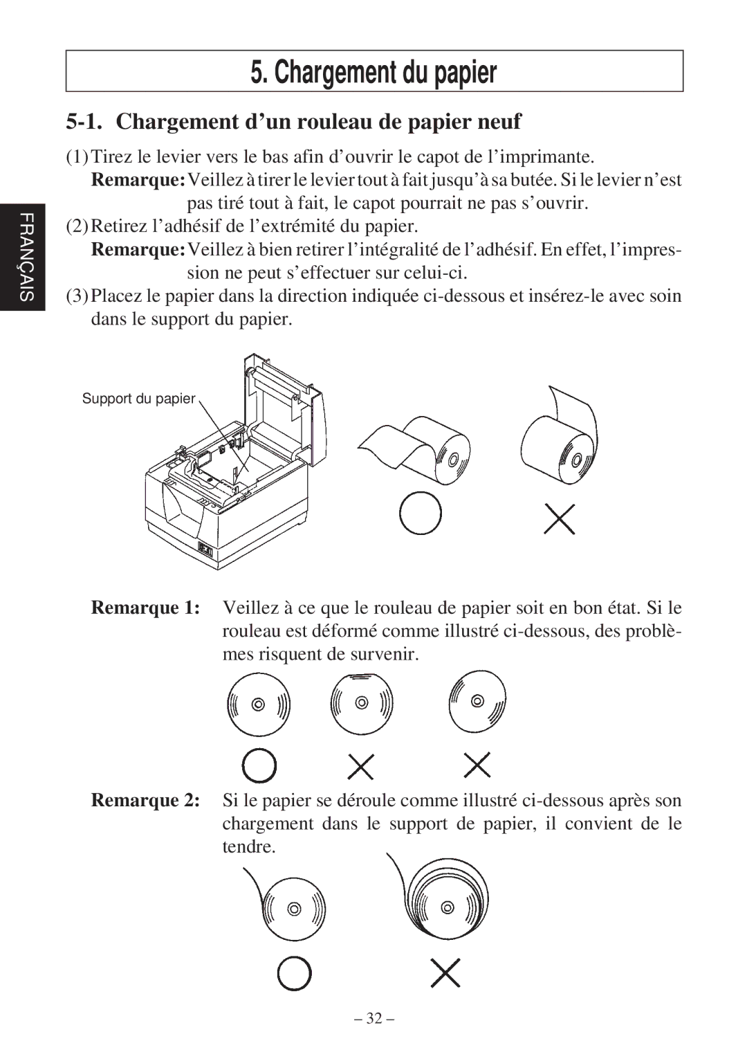 Star Micronics TSP2000 Series user manual Chargement du papier, Chargement d’un rouleau de papier neuf 