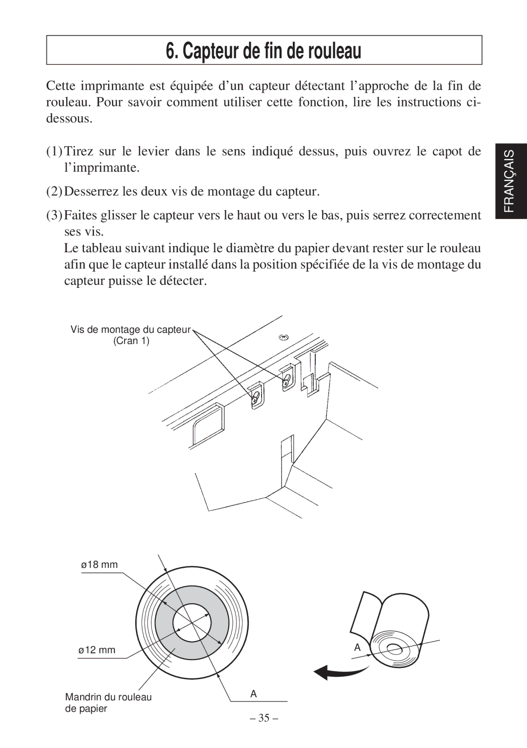 Star Micronics TSP2000 Series user manual Capteur de fin de rouleau 