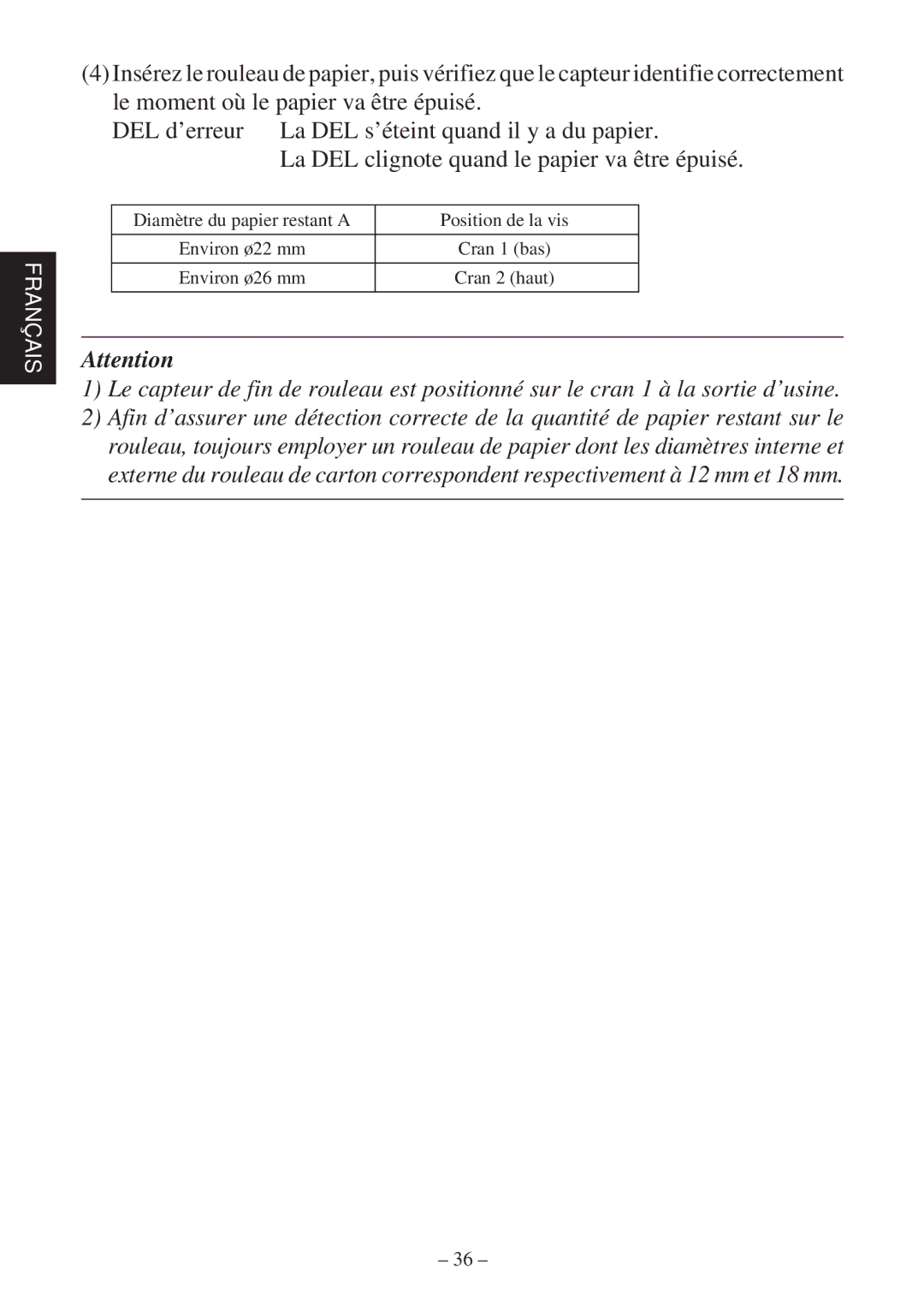 Star Micronics TSP2000 Series user manual Diamètre du papier restant a Position de la vis 