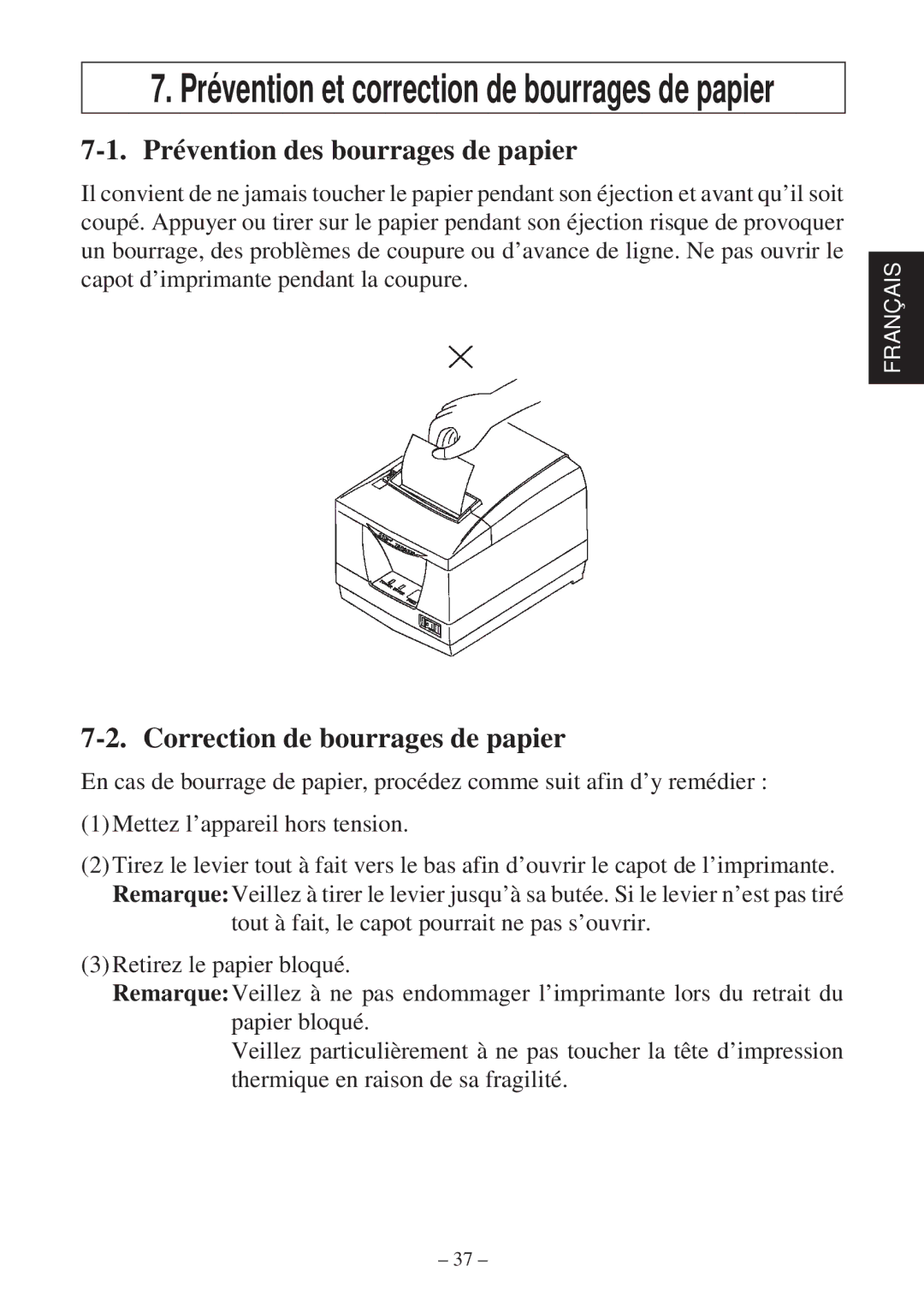 Star Micronics TSP2000 Series user manual Prévention des bourrages de papier, Correction de bourrages de papier 