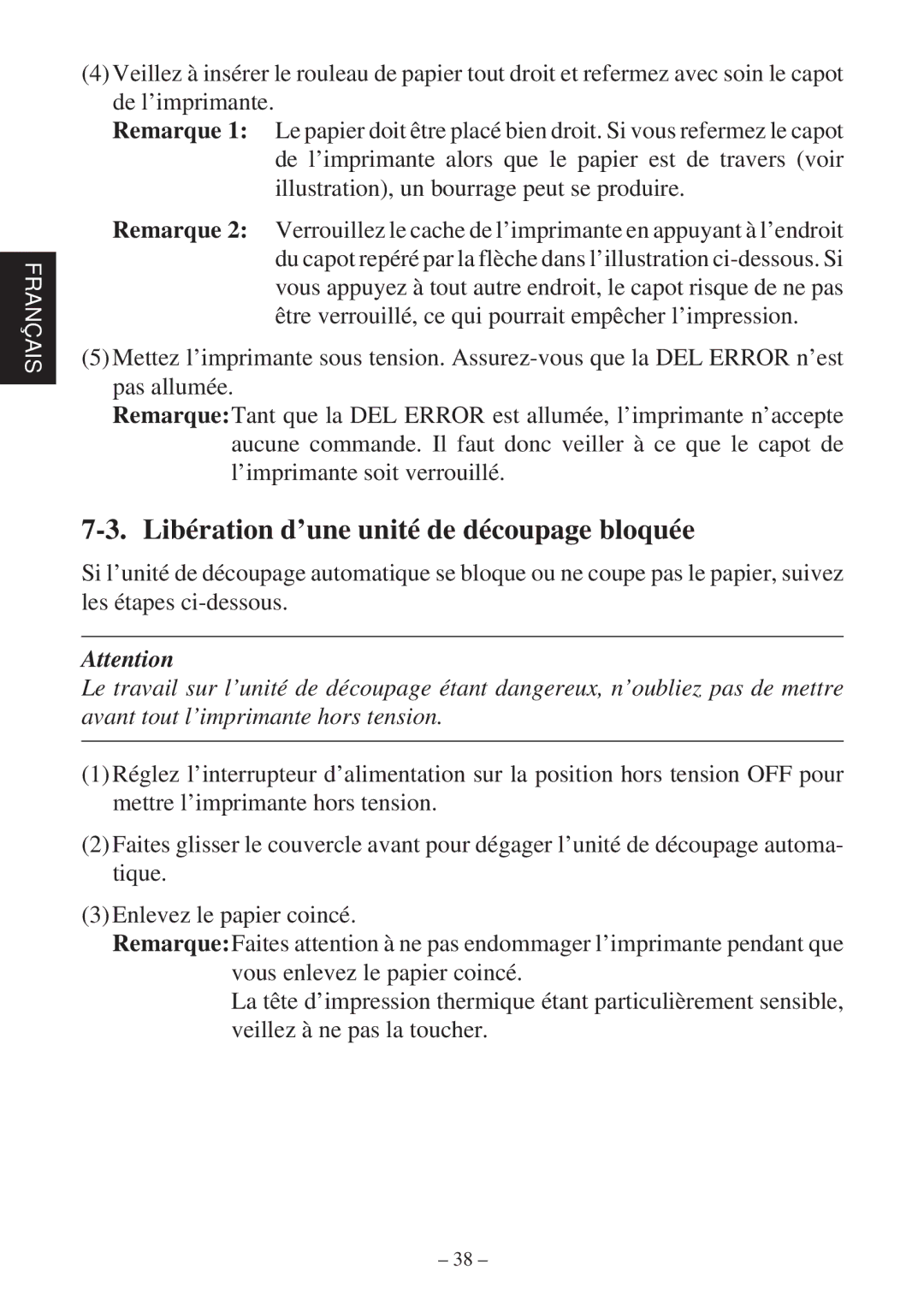 Star Micronics TSP2000 Series user manual Libération d’une unité de découpage bloquée 