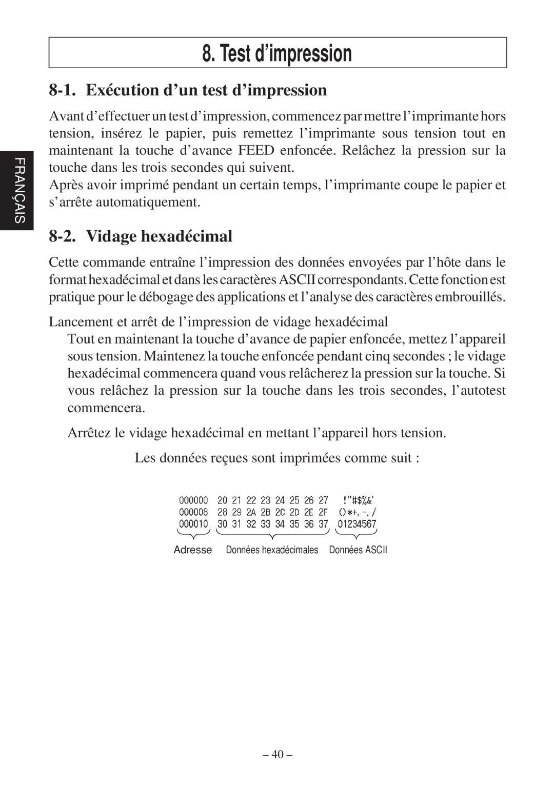 Star Micronics TSP2000 Series user manual Test d’impression, Exécution d’un test d’impression, Vidage hexadécimal 