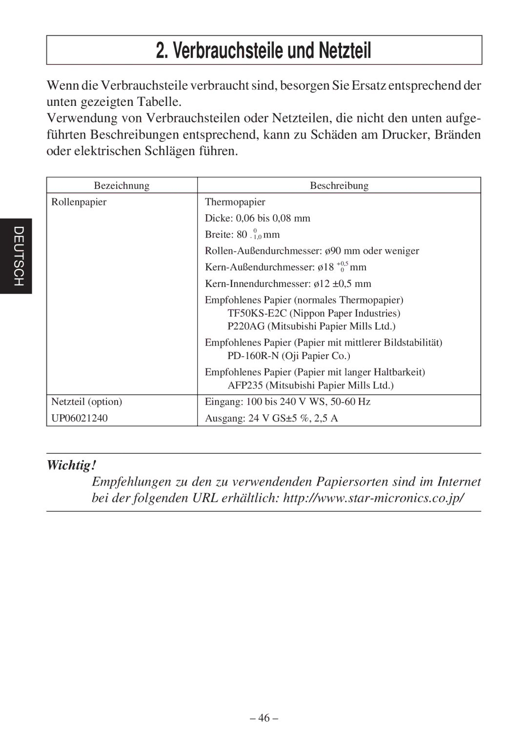 Star Micronics TSP2000 Series user manual Verbrauchsteile und Netzteil 