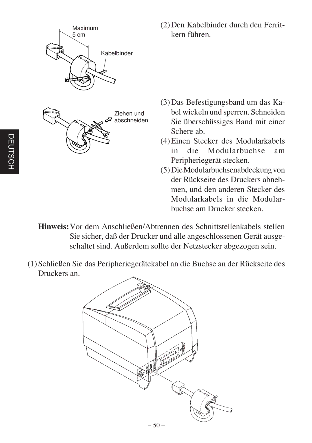 Star Micronics TSP2000 Series user manual Maximum 5 cm Kabelbinder Ziehen und Abschneiden 