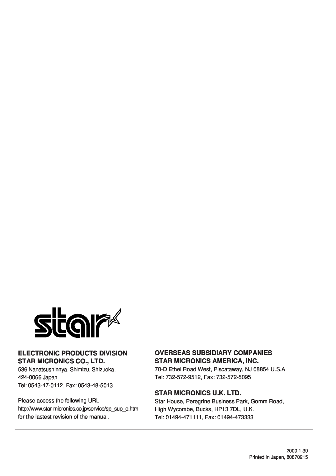 Star Micronics TSP2000 Overseas Subsidiary Companies Star Micronics America, Inc, Tel 0543-47-0112, Fax, Printed in Japan 