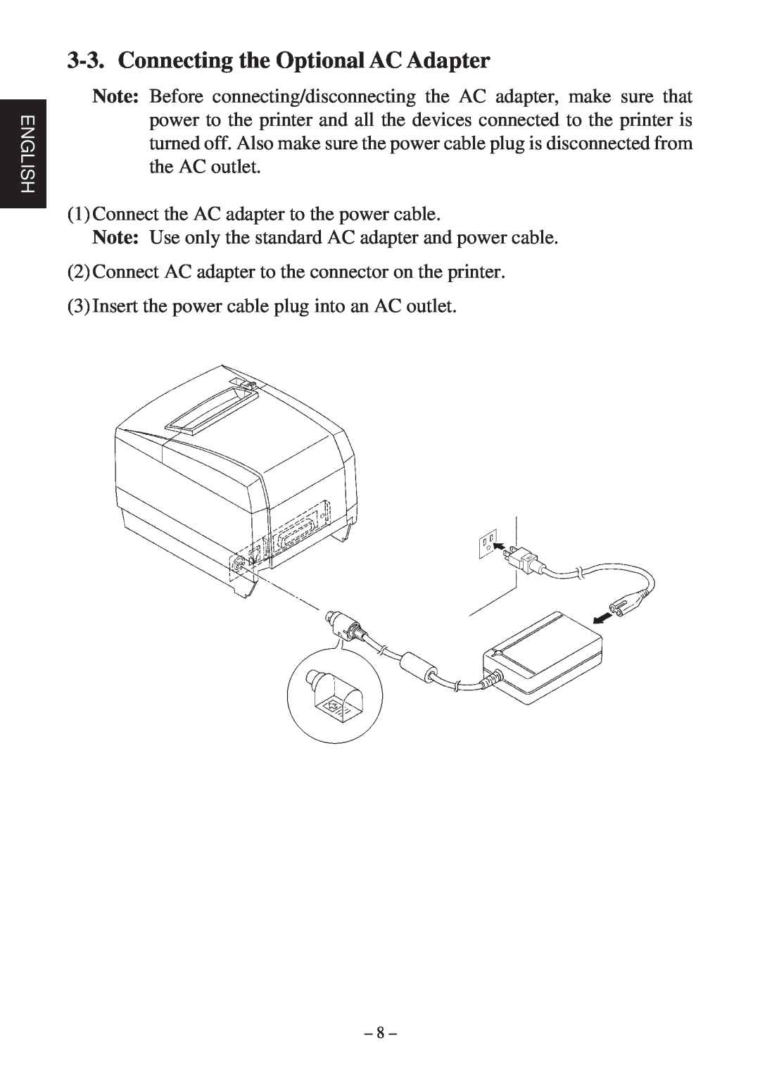Star Micronics TSP2000 user manual Connecting the Optional AC Adapter 