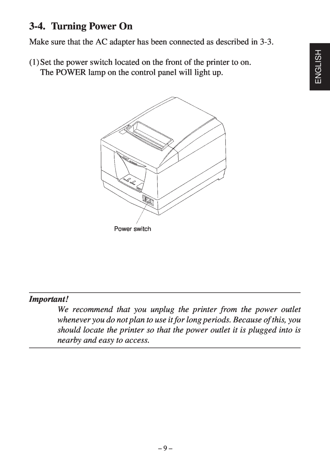 Star Micronics TSP2000 user manual Turning Power On, Make sure that the AC adapter has been connected as described in 