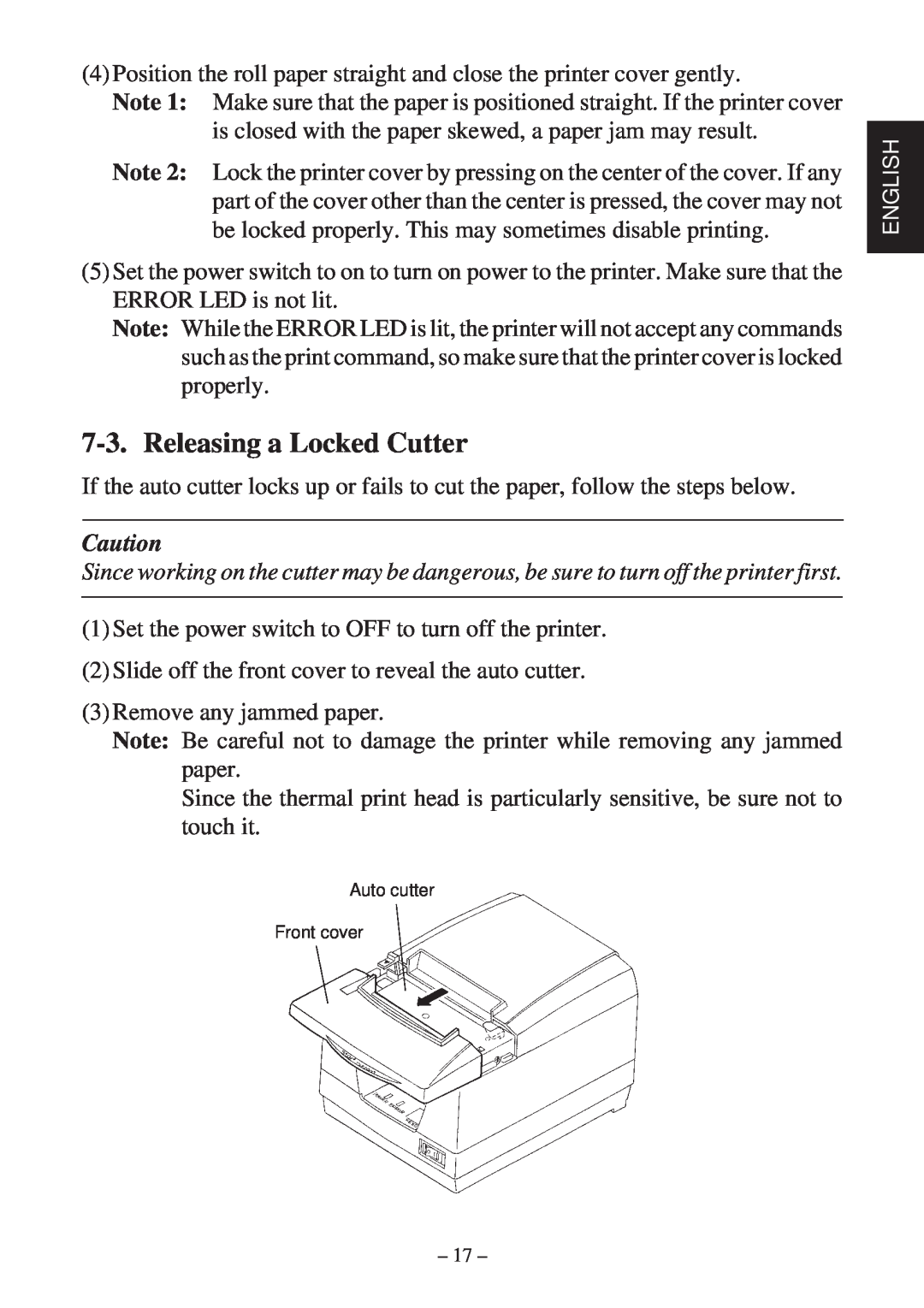 Star Micronics TSP2000 user manual Releasing a Locked Cutter, Auto cutter Front cover 