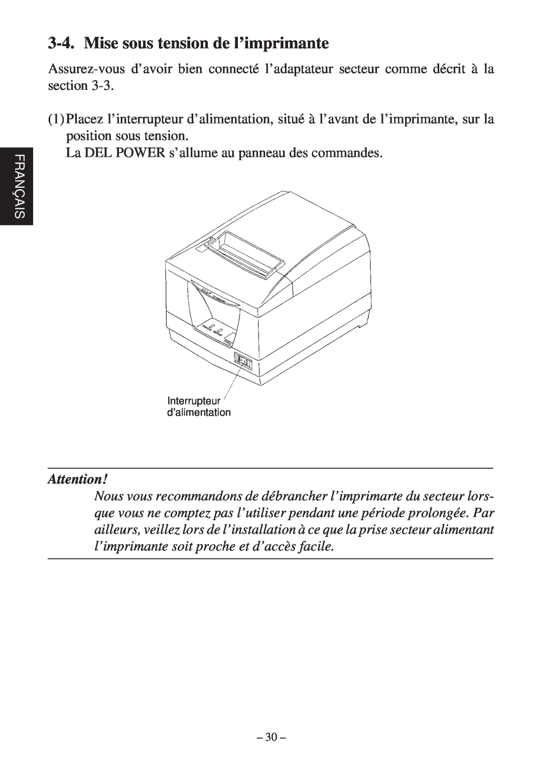 Star Micronics TSP2000 user manual Mise sous tension de l’imprimante 