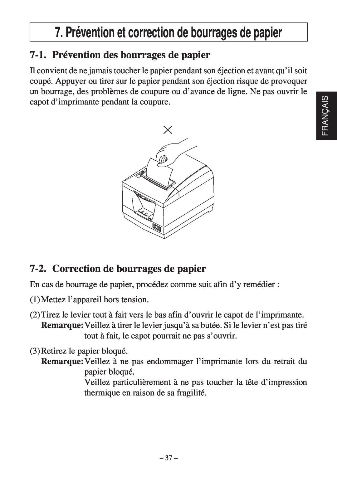 Star Micronics TSP2000 user manual 7-1. Prévention des bourrages de papier, Correction de bourrages de papier 