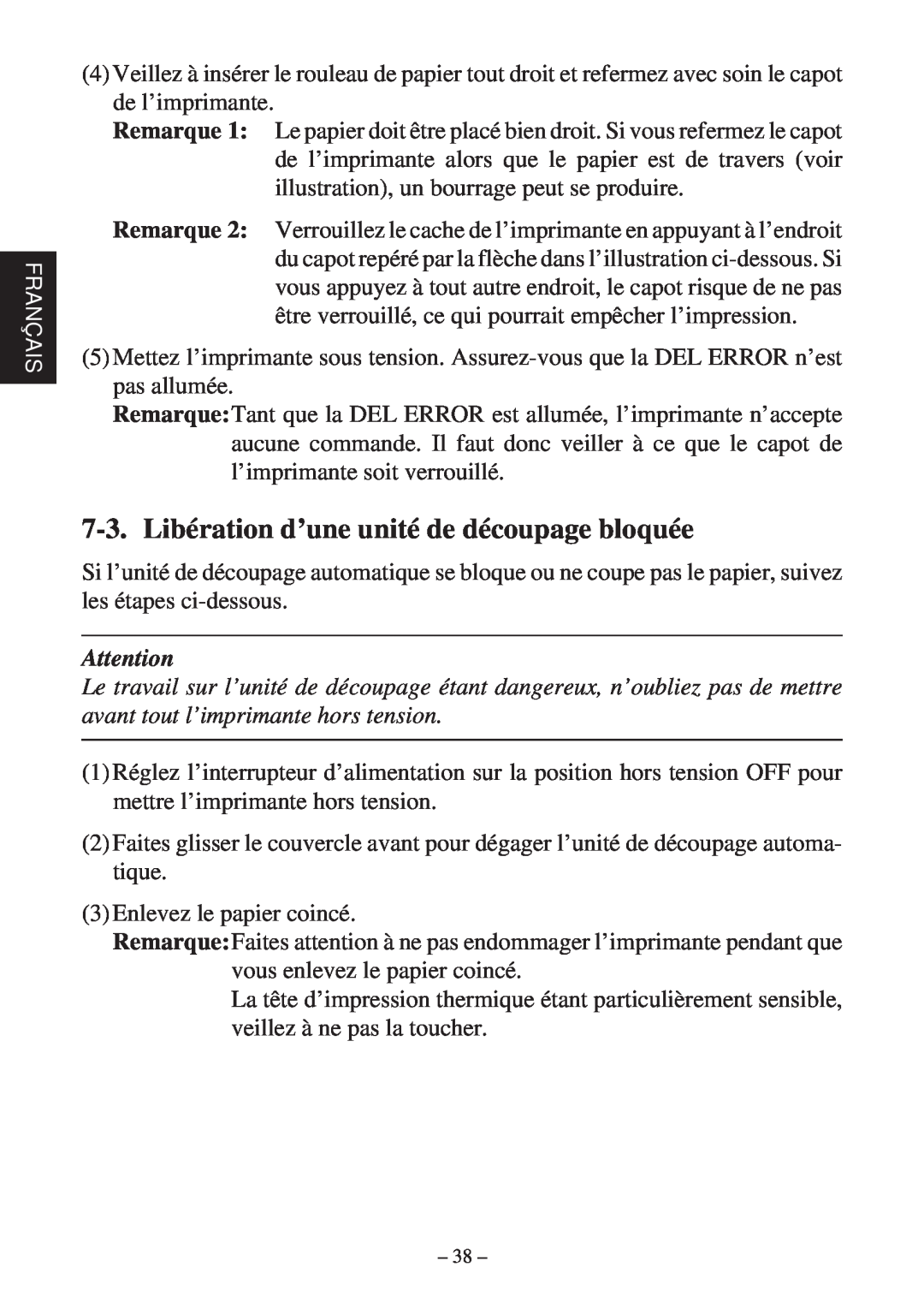 Star Micronics TSP2000 user manual Libération d’une unité de découpage bloquée 