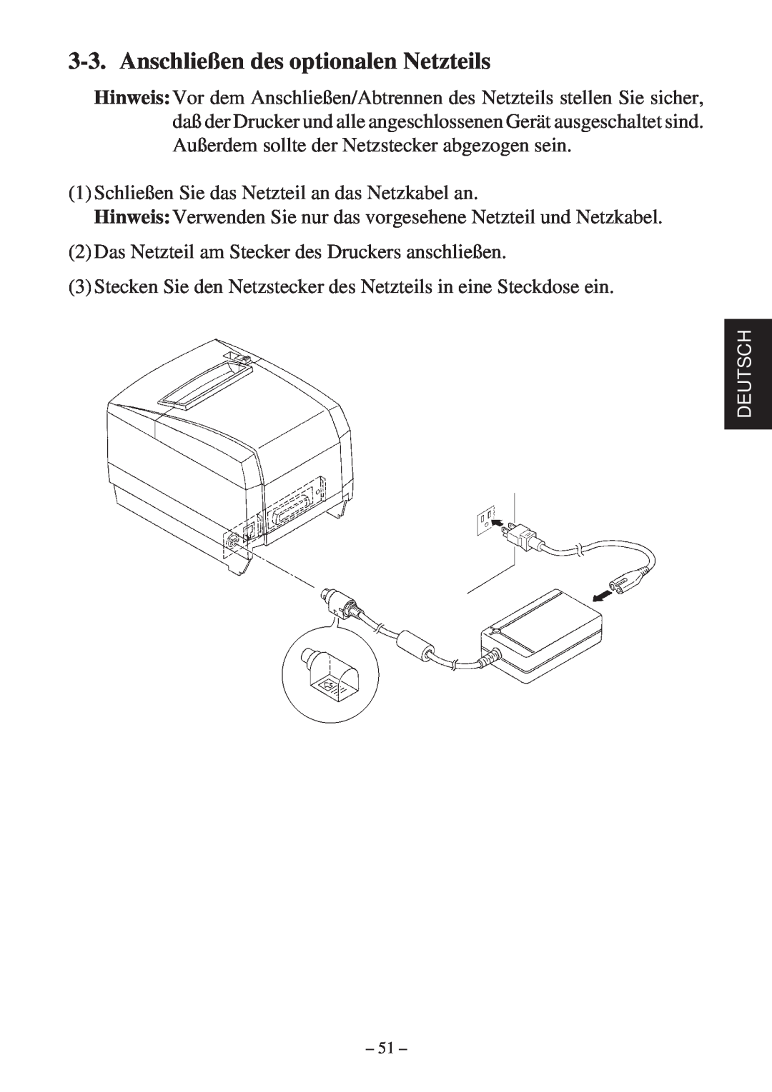 Star Micronics TSP2000 user manual Anschließen des optionalen Netzteils 
