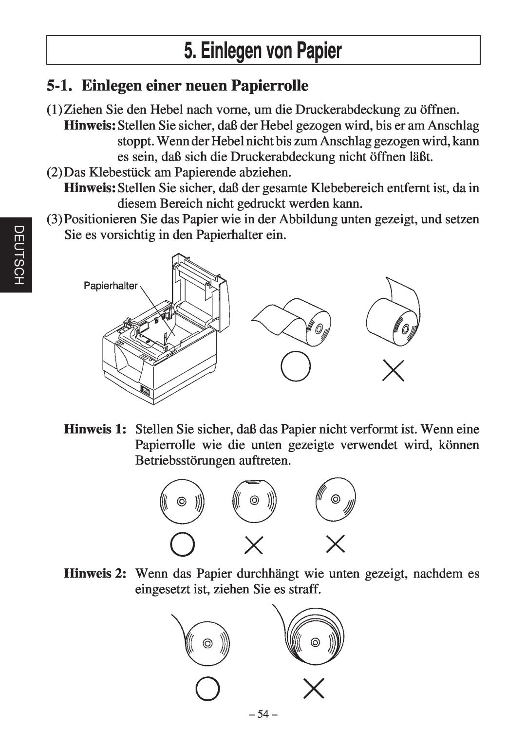 Star Micronics TSP2000 user manual Einlegen von Papier, Einlegen einer neuen Papierrolle 