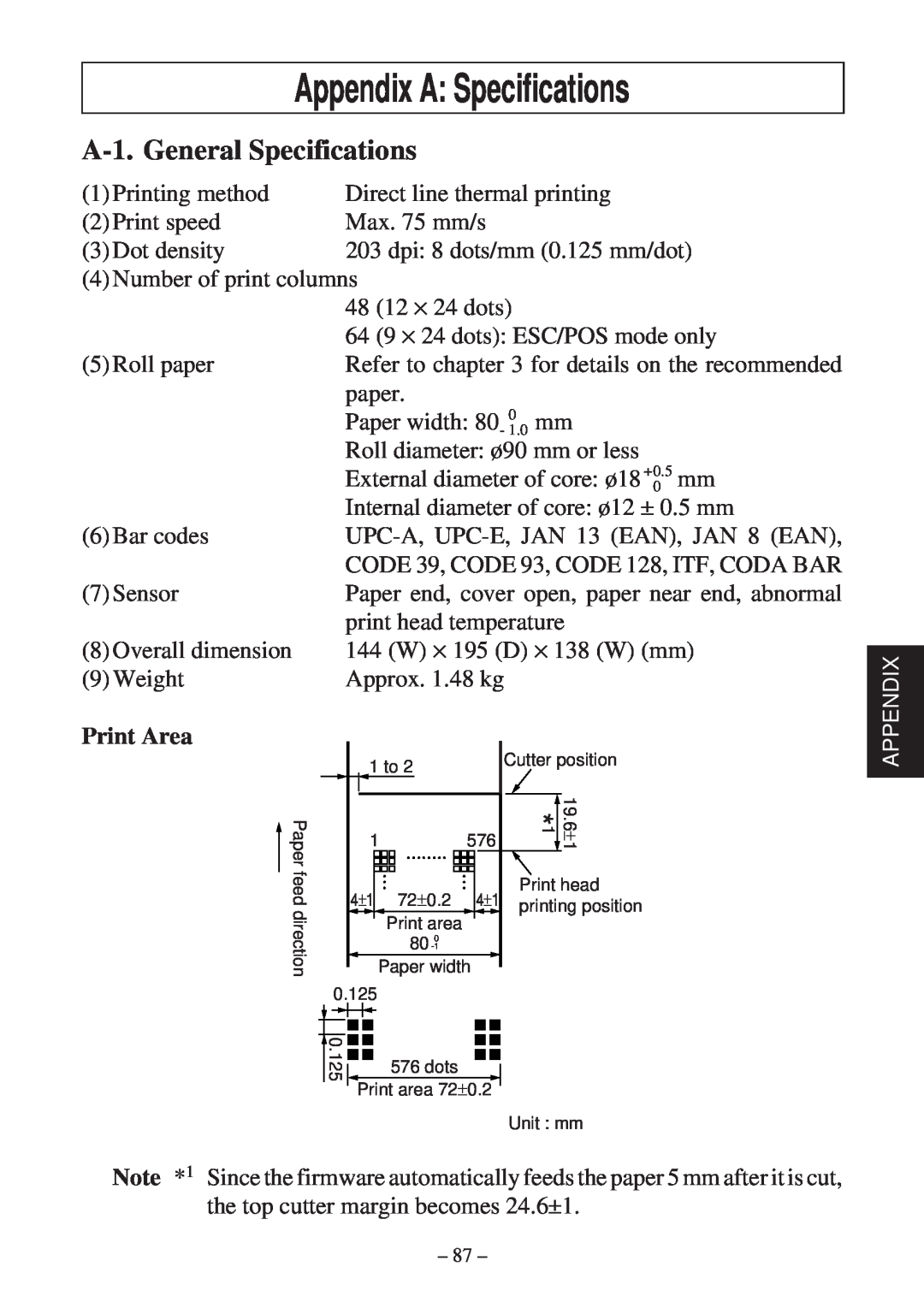 Star Micronics TSP2000 user manual Appendix A Specifications, A-1. General Specifications, Print Area 