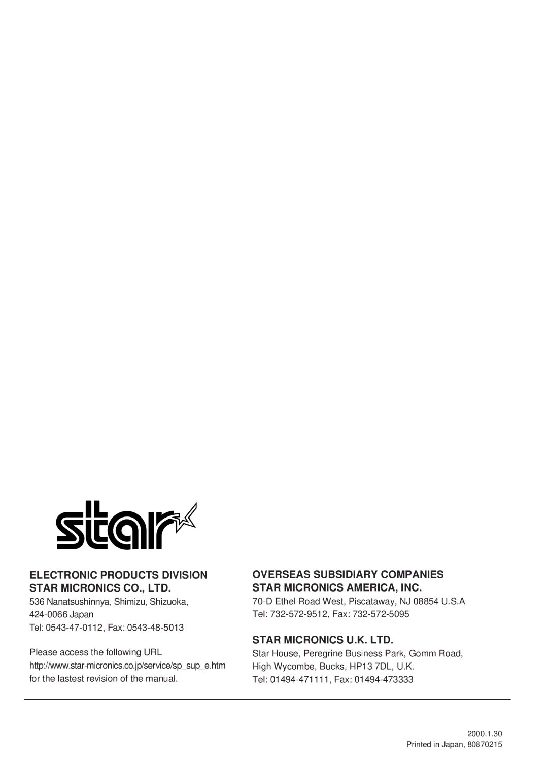 Star Micronics TSP2000 user manual Overseas Subsidiary Companies Star Micronics AMERICA, INC 