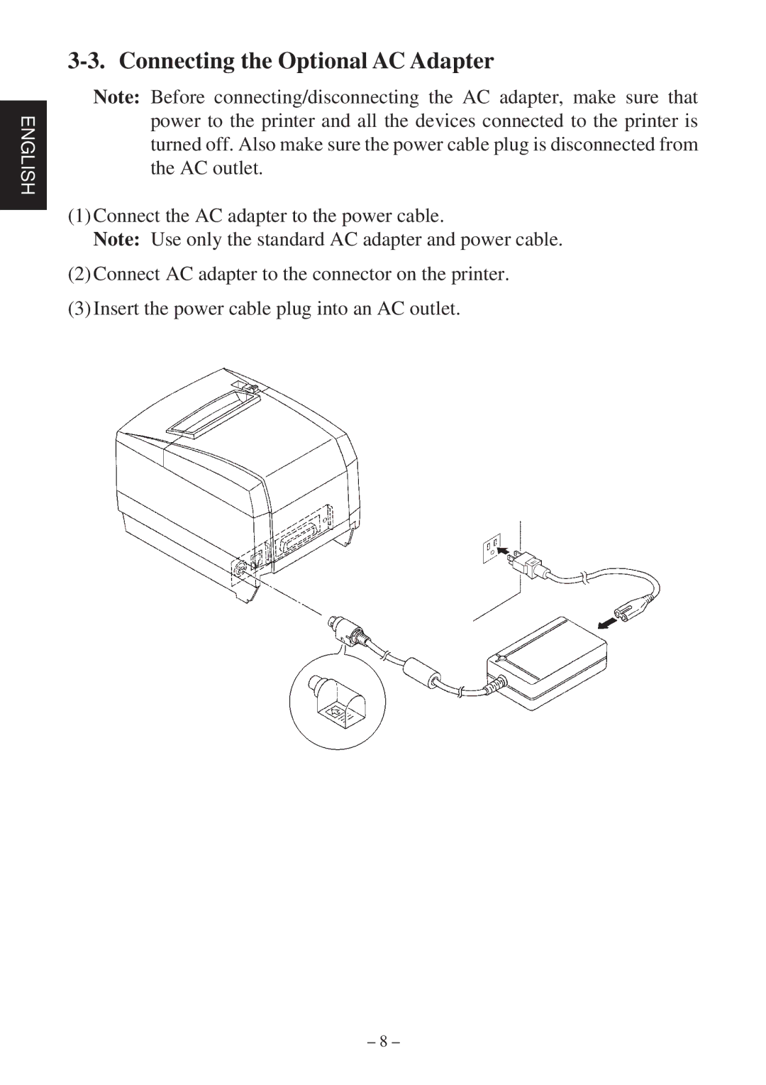 Star Micronics TSP2000 user manual Connecting the Optional AC Adapter 