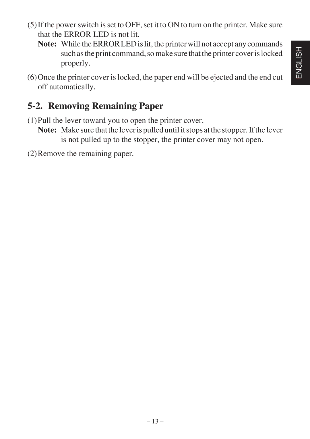 Star Micronics TSP2000 user manual Removing Remaining Paper 