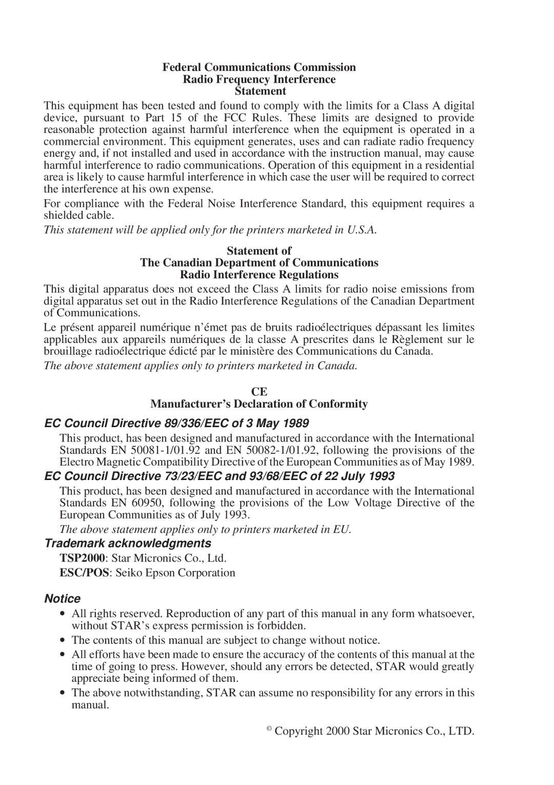 Star Micronics TSP2000 user manual EC Council Directive 89/336/EEC of 3 May 