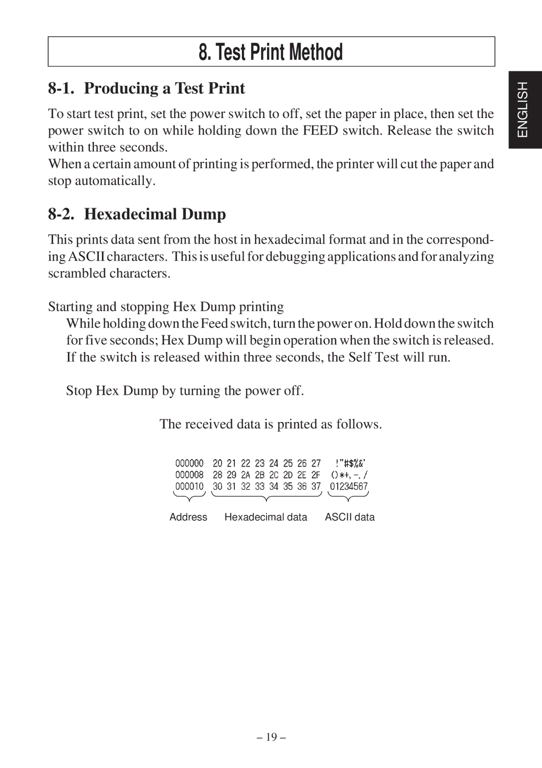 Star Micronics TSP2000 user manual Test Print Method, Producing a Test Print, Hexadecimal Dump 