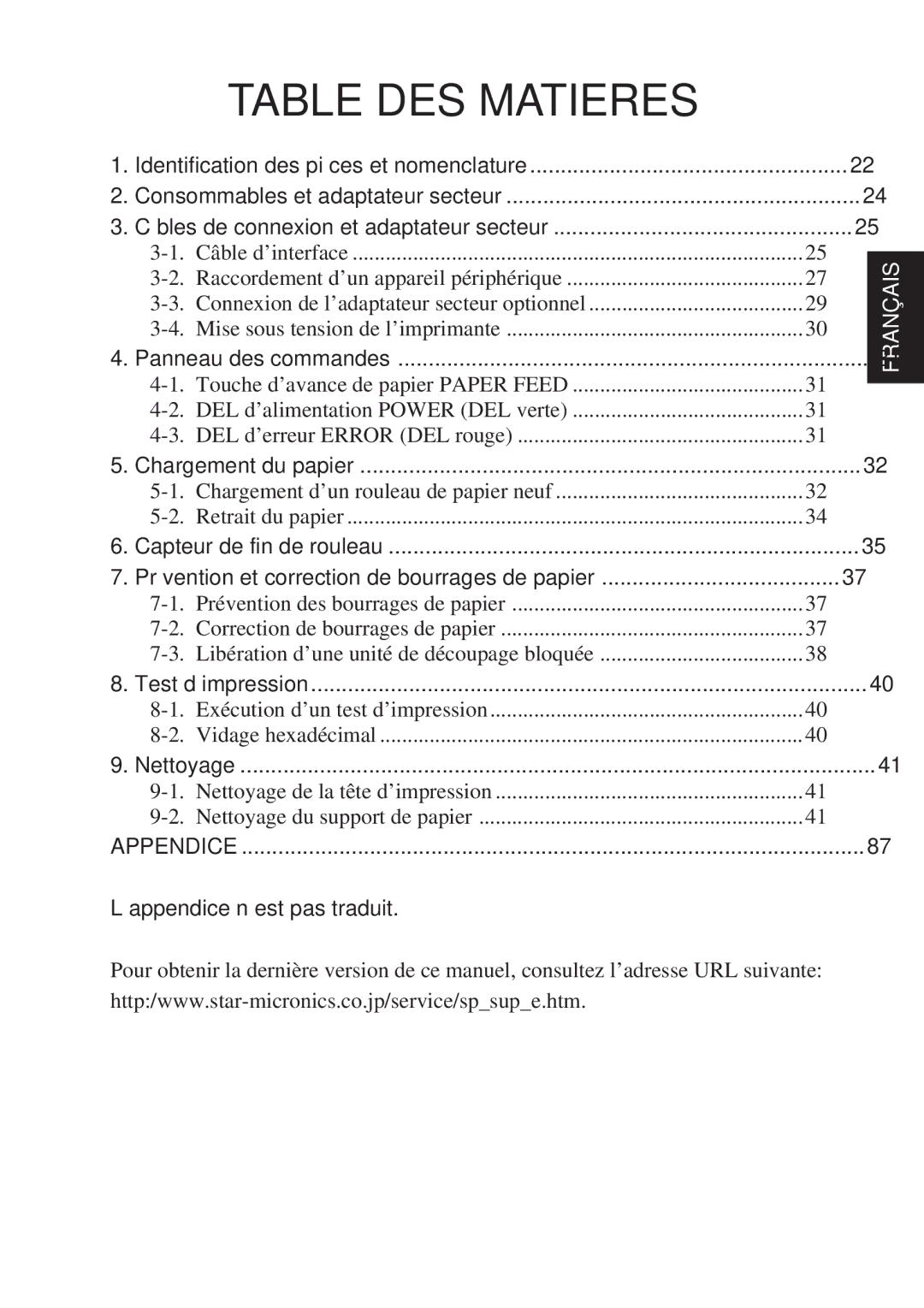 Star Micronics TSP2000 user manual Table DES Matieres 