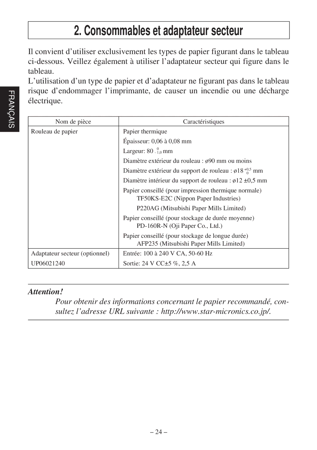 Star Micronics TSP2000 user manual Consommables et adaptateur secteur 
