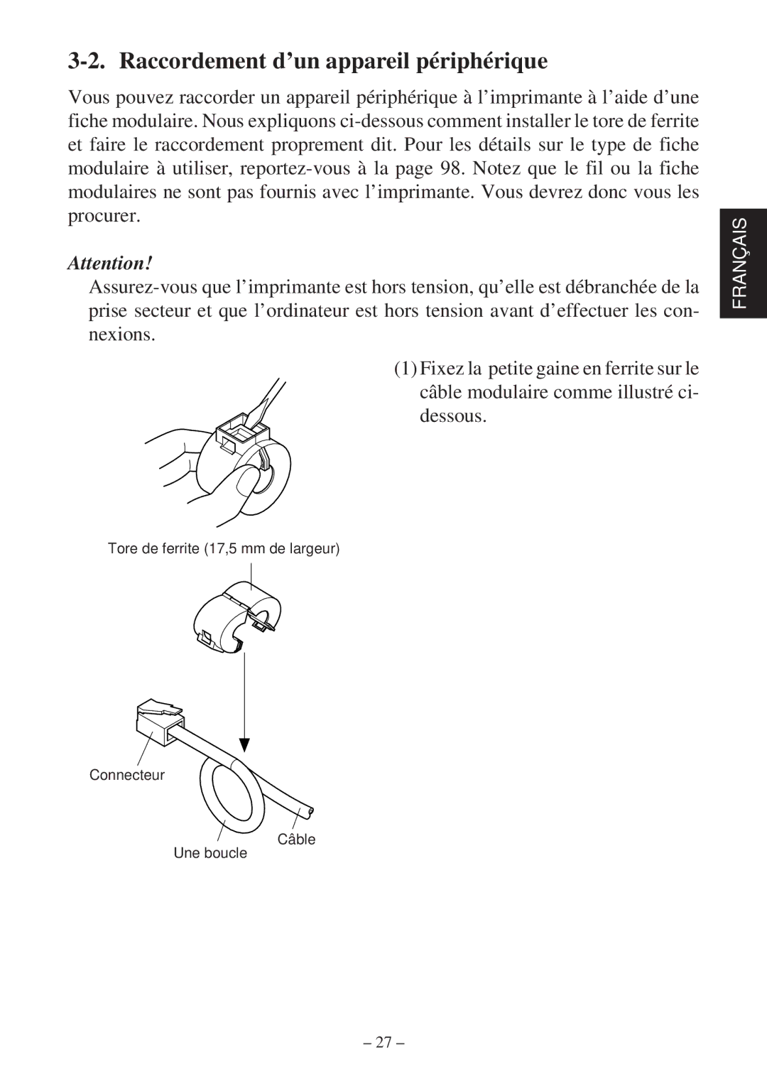 Star Micronics TSP2000 user manual Raccordement d’un appareil périphérique 